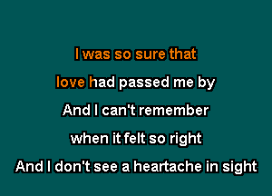 l was so sure that
love had passed me by
And I can't remember

when it felt so right

And I don't see a heartache in sight