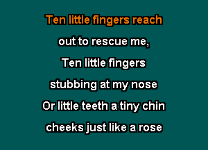 Ten little fingers reach

out to rescue me,
Ten little fingers
stubbing at my nose
0r little teeth a tiny chin

cheeksjust like a rose
