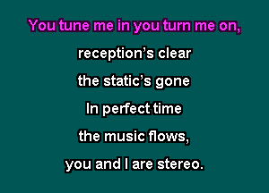 You tune me in you turn me on,

receptionos clear

the statids gone
In perfect time

the music flows,

you and I are stereo.