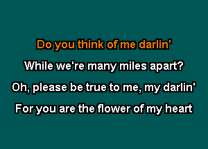 Do you think of me darlin'
While we're many miles apart?
Oh, please be true to me, my darlin'

For you are the flower of my heart