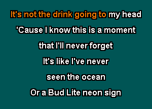 It's not the drink going to my head
'Cause I know this is a moment
that I'll never forget
It's like I've never
seen the ocean

Or a Bud Lite neon sign