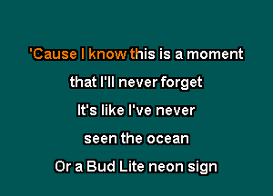 'Cause I know this is a moment
that I'll never forget
It's like I've never

seen the ocean

Or a Bud Lite neon sign