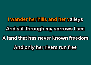 I wander her hills and her valleys
And still through my sorrows I see
A land that has never known freedom

And only her rivers run free