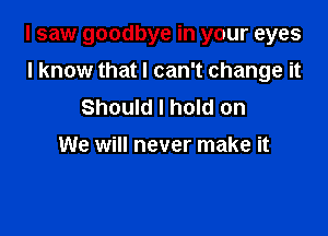 I saw goodbye in your eyes

I know that I can't change it
Should I hold on
We will never make it