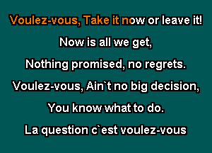 Voulez-vous, Take it now or leave it!
Now is all we get,
Nothing promised, no regrets.
Voulez-vous, Ain t no big decision,
You know what to do.

La question oest voulez-vous