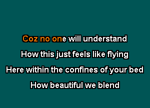 Coz no one will understand

How thisjust feels like flying

Here within the confines ofyour bed

How beautiful we blend