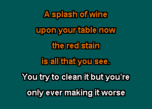 A splash ofwine
upon your table now
the red stain

is all that you see.

You try to clean it but youtre

only ever making it worse