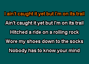 I ain t caught it yet but Pm on its trail
Ain't caught it yet but I'm on its trail
Hitched a ride on a rolling rock
Wore my shoes down to the socks

Nobody has to know your mind