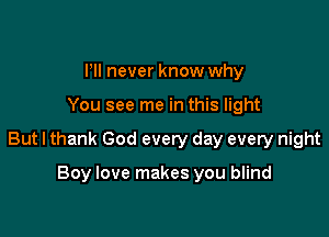 Pll never know why

You see me in this light

But I thank God every day every night

Boy love makes you blind