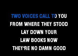 TWO VOICES CALL TO YOU
FROM WHERE THEY STOOD
LAY DOWN YOUR
LAW BOOKS HOW
THEY'RE N0 DAMN GOOD