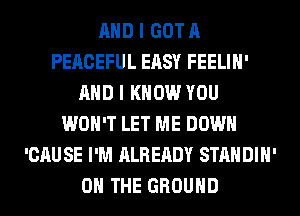 AND I GOT A
PEACEFUL EASY FEELIH'
AND I KNOW YOU
WON'T LET ME DOWN
'CAU SE I'M ALREADY STANDIH'
ON THE GROUND