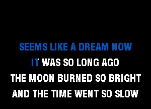 SEEMS LIKE A DREAM HOW
IT WAS SO LONG AGO
THE MOON BURHED SO BRIGHT
AND THE TIME WENT SO SLOW