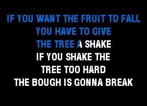 IF YOU WANT THE FRUIT T0 FALL
YOU HAVE TO GIVE
THE TREE A SHAKE
IF YOU SHAKE THE
TREE T00 HARD
THE BOUGH IS GONNA BRERK