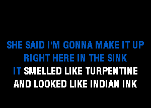 SHE SAID I'M GONNA MAKE IT UP
RIGHT HERE IN THE SINK
IT SMELLED LIKE TURPEHTIHE
AND LOOKED LIKE INDIAN INK