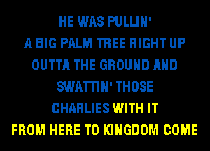 HE WAS PULLIH'

A BIG PALM TREE RIGHT UP
OUTTA THE GROUND AND
SWATTIH' THOSE
CHARLIES WITH IT
FROM HERE TO KINGDOM COME