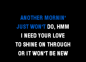 ANOTHER MORNIN'
JUST WON'T DO, HMM
I NEED YOUR LOVE
TO SHINE 0H THROUGH

0R ITWDH'T BE NEW l