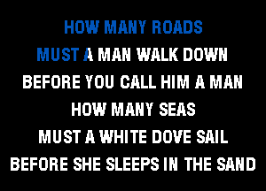 HOW MANY ROADS
MUST A MAN WALK DOWN
BEFORE YOU CALL HIM A MAN
HOW MANY SEAS
MUST A WHITE DOVE SAIL
BEFORE SHE SLEEPS IN THE SAND