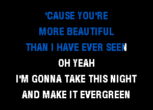 'CAUSE YOU'RE
MORE BEAUTIFUL
THAN I HAVE EVER SEEN
OH YEAH
I'M GONNA TAKE THIS NIGHT
AND MAKE IT EVERGREEN