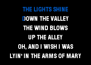 THE LIGHTS SHINE
DOWN THE VALLEY
THE WIND BLOWS
UP THE ALLEY
0H, AND I WISH I WAS
LYIH' IN THE ARMS 0F MARY