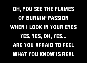 0H, YOU SEE THE FLAMES
0F BURHIH' PASSION
WHEN I LOOK IN YOUR EYES
YES, YES, 0H, YES...
ARE YOU AFRAID T0 FEEL
WHAT YOU KNOW IS REAL