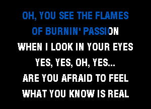 0H, YOU SEE THE FLAMES
0F BURHIH' PASSION
WHEN I LOOK IN YOUR EYES
YES, YES, 0H, YES...
ARE YOU AFRAID T0 FEEL
WHAT YOU KNOW IS REAL