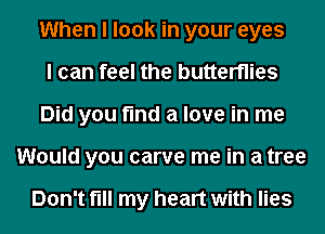 When I look in your eyes

I can feel the butterflies

Did you find a love in me
Would you carve me in a tree

Don't fill my heart with lies