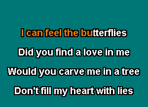 I can feel the butterflies
Did you find a love in me
Would you carve me in a tree

Don't fill my heart with lies