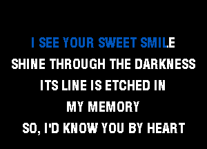 I SEE YOUR SWEET SMILE
SHINE THROUGH THE DARKNESS
ITS LIHE IS ETCHED IN
MY MEMORY
SO, I'D KNOW YOU BY HEART