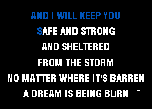 AND I WILL KEEP YOU
SAFE AND STRONG
AND SHELTERED
FROM THE STORM
NO MATTER WHERE IT'S BARREH
A DREAM IS BEING BORN -