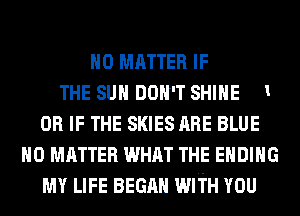 NO MATTER IF
THE SUN DON'T SHINE 1
OR IF THE SKIES ARE BLUE
NO MATTER WHAT THE ENDING
MY LIFE BEGAN WITH YOU