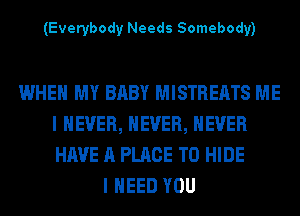 (Everybody Needs Somebody)

WHEN MY BABY MISTREATS ME
I NEVER, NEVER, NEVER
HAVE A PLACE TO HIDE

I NEED YOU