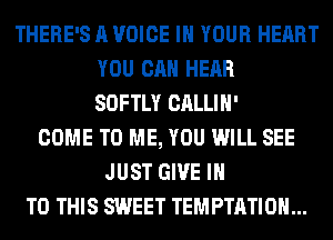 THERE'S A VOICE IN YOUR HEART
YOU CAN HEAR
SOFTLY CALLIH'
COME TO ME, YOU WILL SEE
JUST GIVE IN
TO THIS SWEET TEMPTATIOH...