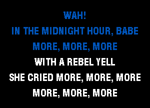 WAH!

IN THE MIDNIGHT HOUR, BABE
MORE, MORE, MORE
WITH A REBEL YELL

SHE CRIED MORE, MORE, MORE
MORE, MORE, MORE