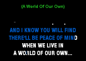 (A World Of Our Own)

AND I KNOW YOU WILL FIND
THERE'LL BE PEACE OF MIND
WHEN WE LIVE IN
A WORLD OF OUR OWN...