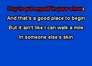 I try to put myself in your shoes
And that's a good place to begin
But it ain't like I can walk a mile

In someone else's skin