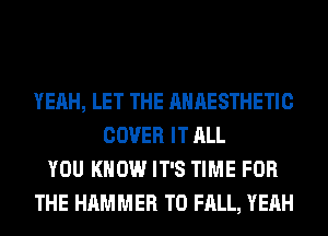 YEAH, LET THE AHAESTHETIC
COVER IT ALL
YOU KNOW IT'S TIME FOR
THE HAMMER T0 FALL, YEAH
