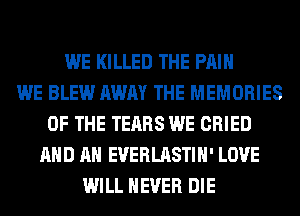 WE KILLED THE PAIN
WE BLEW AWAY THE MEMORIES
OF THE TEARS WE CRIED
AND AN EVERLASTIH' LOVE
WILL NEVER DIE