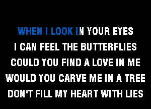 WHEN I LOOK IN YOUR EYES
I CAN FEEL THE BUTTERFLIES
COULD YOU FIND A LOVE IN ME
WOULD YOU CARVE ME IN A TREE
DON'T FILL MY HEART WITH LIES