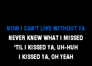 HOW I CAN'T LIVE WITHOUT YA
NEVER KNEW WHAT I MISSED
'TIL I KISSED YA, UH-HUH
I KISSED YA, OH YEAH