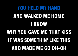 YOU HELD MY HAND
AND WALKED ME HOME
I KNOW
WHY YOU GAVE ME THAT KISS
IT WAS SOMETHIH' LIKE THIS
AND MADE ME GO OH-OH