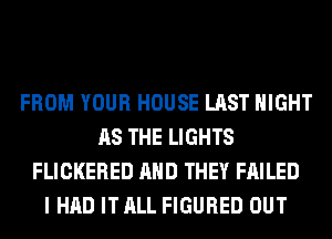 FROM YOUR HOUSE LAST NIGHT
AS THE LIGHTS
FLICKERED AND THEY FAILED
I HAD IT ALL FIGURED OUT