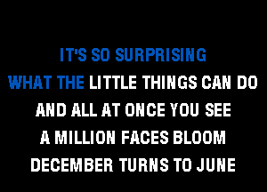 IT'S SO SURPRISIHG
WHAT THE LITTLE THINGS CAN DO
AND ALL AT ONCE YOU SEE
A MILLION FACES BLOOM
DECEMBER TURNS TO JUHE