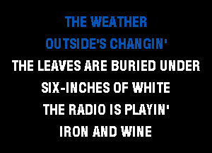 THE WEATHER
OUTSIDE'S CHANGIH'
THE LEAVES ARE BURIED UNDER
SIX-IHCHES 0F WHITE
THE RADIO IS PLAYIH'
IRON AND WINE