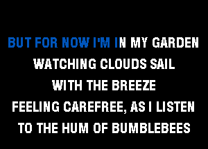 BUT FOR HOW I'M IN MY GARDEN
WATCHING CLOUDS SAIL
WITH THE BREEZE
FEELING CAREFREE, AS I LISTEN
TO THE HUM 0F BUMBLEBEES