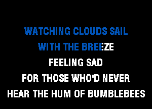 WATCHING CLOUDS SAIL
WITH THE BREEZE
FEELING SAD
FOR THOSE WHO'D NEVER
HEAR THE HUM 0F BUMBLEBEES
