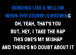 BEHDIHG LIKE A WILLOW
WHEN THE STORM IS BREWIHG
OH, YEAH, THAT'S YOU
BUT, HEY, I TAKE THE RAP
THIS OHE'S MY MISHAP
AND THERE'S H0 DOUBT ABOUT IT