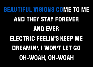 BEAUTIFUL VISIONS COME TO ME
AND THEY STAY FOREVER
AND EVER
ELECTRIC FEELIH'S KEEP ME
DREAMIH', I WON'T LET GO
OH-WOAH, OH-WOAH