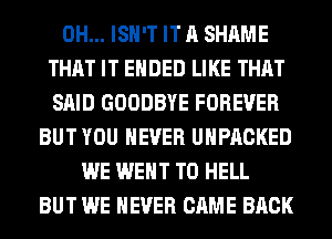 0H... ISN'T IT A SHAME
THAT IT ENDED LIKE THAT
SAID GOODBYE FOREVER
BUT YOU EVER UHPACKED
WE WENT TO HELL
BUT WE NEVER CAME BACK