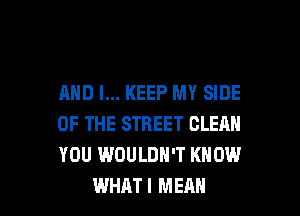 AND I... KEEP MY SIDE
OF THE STREET CLERN
YOU WOULDN'T KNOW

WHAT I MEAN l