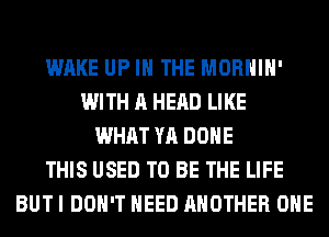 WAKE UP IN THE MORHIH'
WITH A HEAD LIKE
WHAT YA DONE
THIS USED TO BE THE LIFE
BUT I DON'T NEED ANOTHER OHE